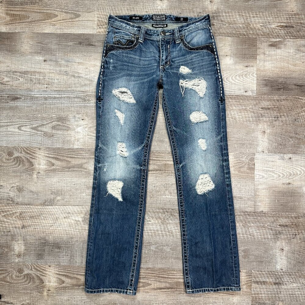 Affliction Black Premium Blake Denim Jeans 30 x 33" Thick Thread Distressed